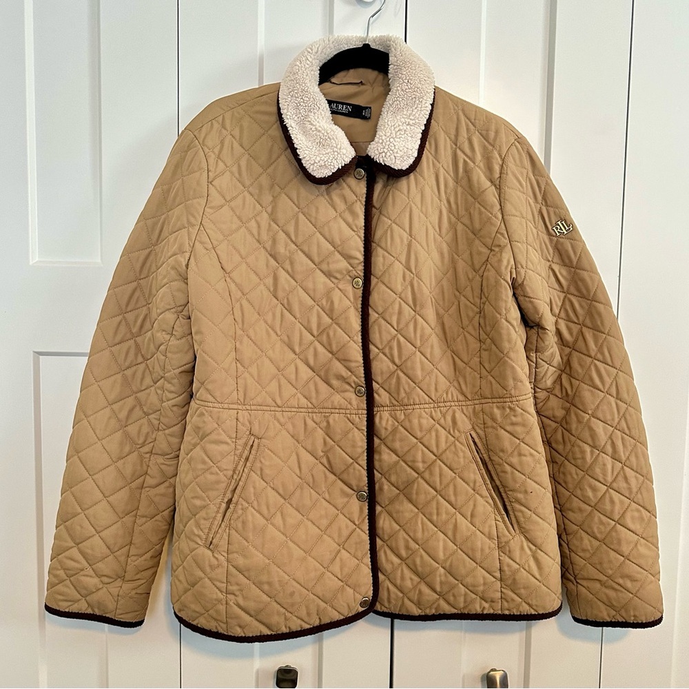 Ralph Lauren Quilted Faux‎ Shearling Collar Jacket in Classic Camel XL